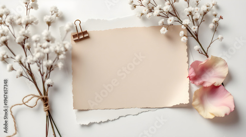 Blank beige paper card with metallic clip, decorated with white baby breath flowers and pink rose petals on a bright white background
