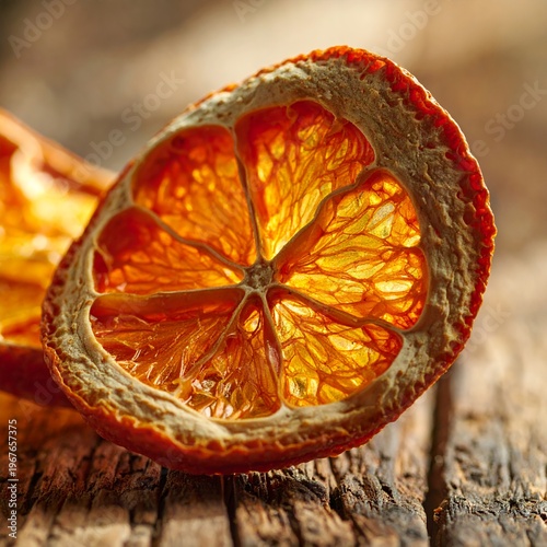 Dried Orange Slice on Rustic Wood, Backlit Citrus Fruit Detail.