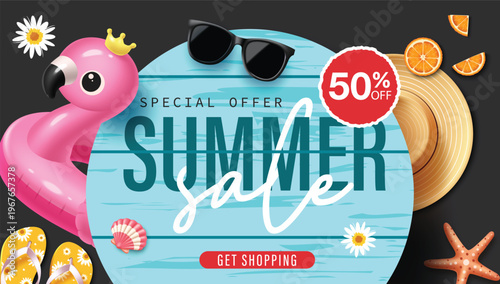 Summer Sale Vector Banner with Pink Flamingo Float Summer Hat and 50 Percent Off Discount Badge