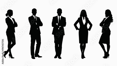 Business people , silhouettes, group of standing business men and businesswomen	
