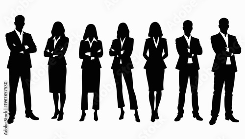 Business people , silhouettes, group of standing business men and businesswomen	
