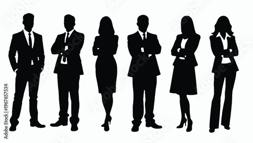 Business people , silhouettes, group of standing business men and businesswomen	

