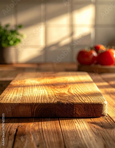 Empty wooden cutting board on a rustic kitchen table with sunlight.