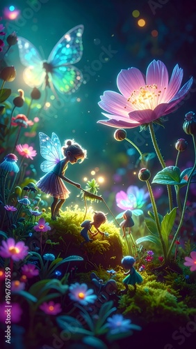Enchanted Fairy Garden with Glowing Flowers and Butterflies at Night.
