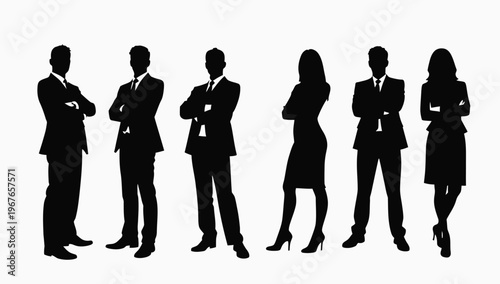 Business people , silhouettes, group of standing business men and businesswomen	
