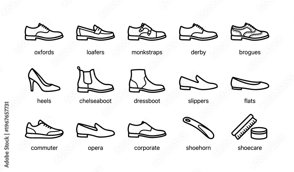 Obraz premium Variety of footwear icons: oxfords, loafers, brogues, heels, chelsea boots, slippers, dress shoes, accessories