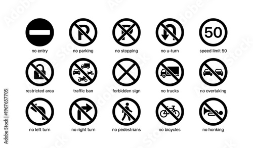 Various prohibition road signs including no entry and speed limit 50