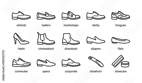 Variety of footwear icons: oxfords, loafers, brogues, heels, chelsea boots, slippers, dress shoes, accessories
