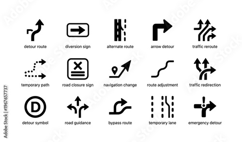 Traffic sign set: arrows, routes, detours, directions, navigation icons