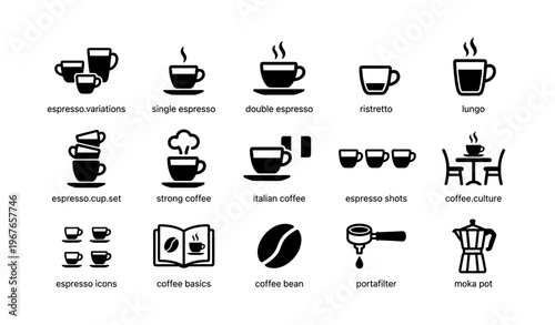 Espresso icons set featuring coffee cups, beans, portafilter, moka pot, and brewing variations