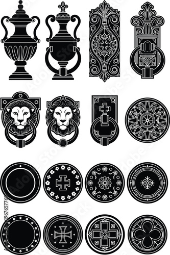 Ornamental vintage heraldic symbols and decorative emblems set with lions urns crosses and geometric patterns, medieval gothic design elements, black silhouette vector illustration isolated