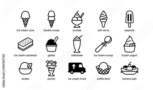 Ice cream variety: cones, sundaes, milkshake, popsicle, and more icons