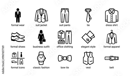 Formal attire icons: suit jacket, tie, dress shirt, business outfit, classic fashion
