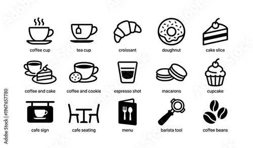 Cafe icons set: coffee cup, croissant, doughnut, cake slice, barista tool