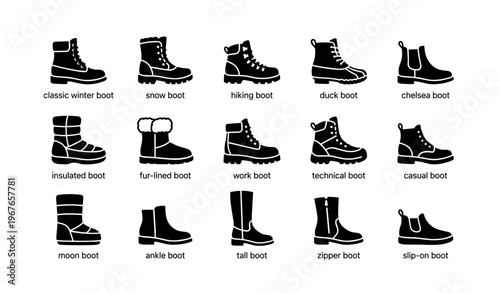 Illustrated collection of various boot styles and types