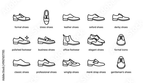 Stylish footwear collection: formal, dress, leather, oxford, derby shoes icons