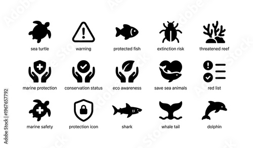 Icons of marine conservation and animal protection for environmental awareness