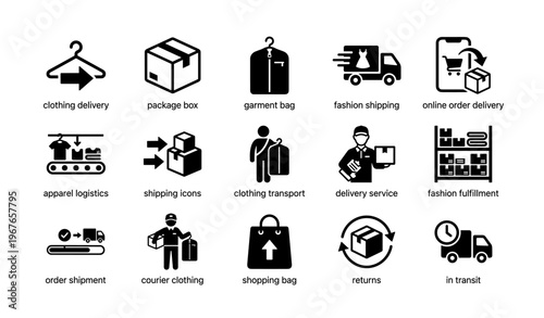 Clothing delivery and shipping icons set for apparel and fashion logistics