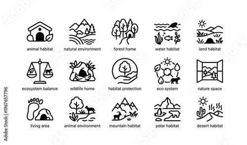 Eco icons: animal habitat, natural environment, forest and water ecosystems