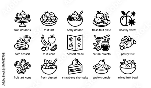 Assorted fruit desserts and icons featuring cakes and pastries