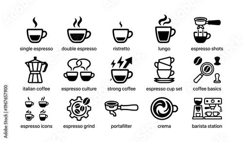 Espresso icons set: coffee cups, mugs, portafilter, crema, barista station