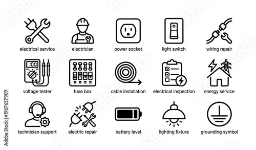 Electrical service tools icons: switches, wiring, tester, repairs, energy
