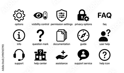 Settings and support icons: visibility, privacy, and assistance