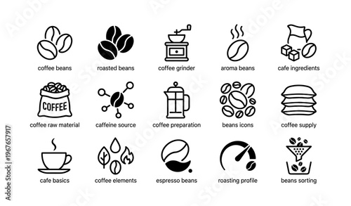 Coffee icons set featuring beans grinder and brewing tools for cafe and espresso