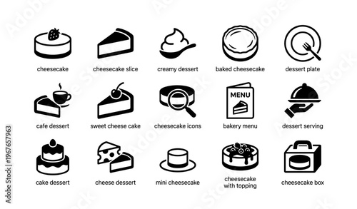 Cheesecake icons: diverse slices, toppings, and serving illustrations in black and white
