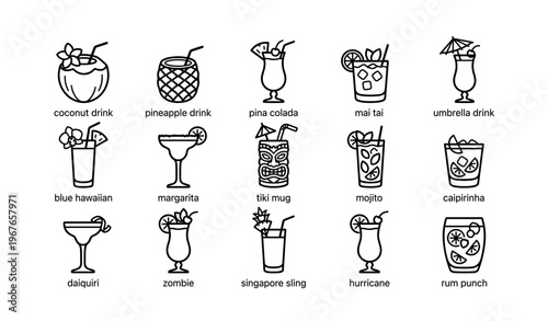 Exotic cocktails collection: tiki, margarita, mojito, piña colada, daiquiri, mai tai