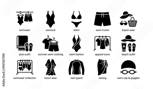 Swimwear collection icons featuring swimwear, bikini, trunks, beach wear, and resort wear