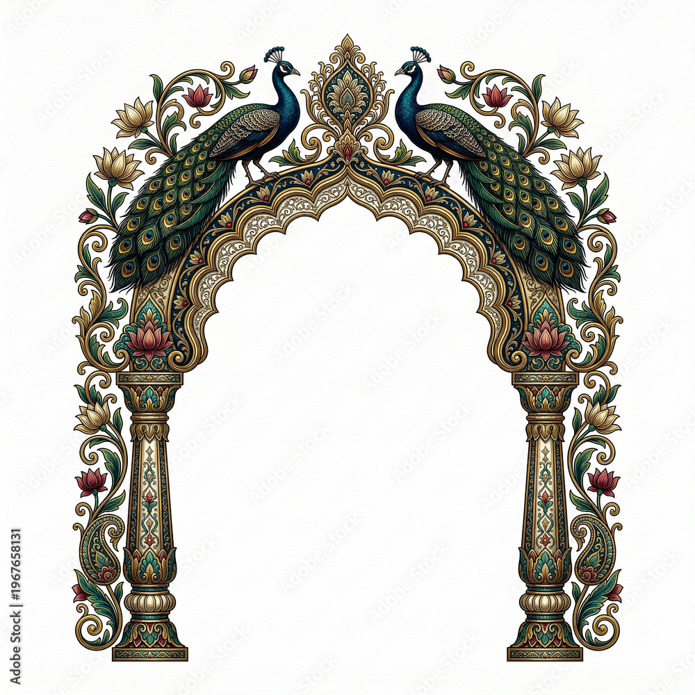 Naklejka premium An ornate symmetrical archway features two peacocks surrounded by vibrant floral patterns and intricate detailing evoking a regal aesthetic high quality