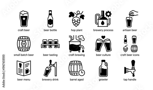 Craft beer icons collection featuring brewery process and beer culture elements