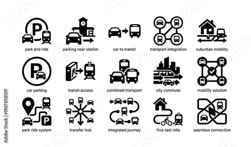 Transportation icons illustrating urban mobility and connectivity solutions