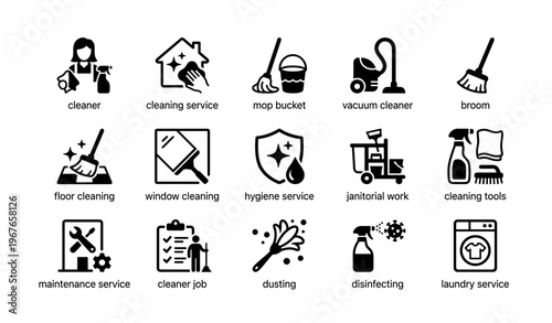 Cleaning services icons: tools, equipment, and maintenance symbols