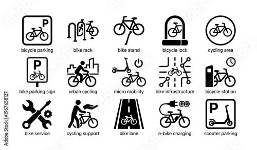 Bicycle and scooter infrastructure icons for urban mobility solutions