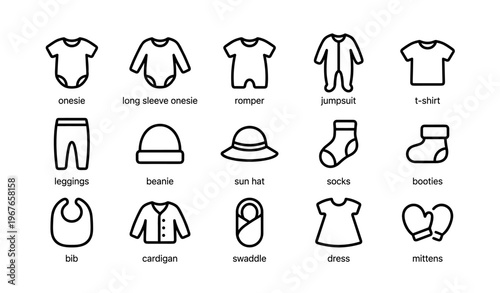 Baby clothes collection icons: onesie, romper, jumpsuit, t-shirt, accessories
