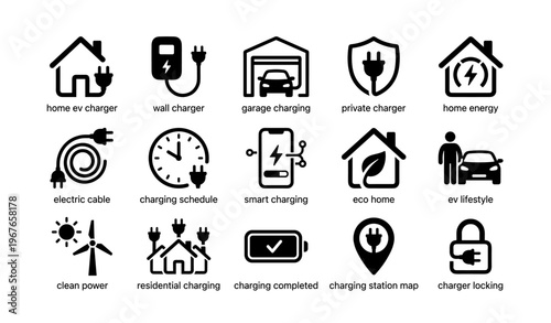 Home ev charging icons: garage, wall, smart charger, eco energy, residential solutions