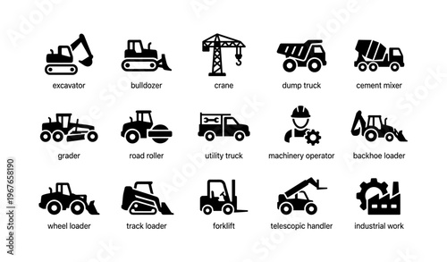 Construction vehicles and equipment icons featuring machinery operator