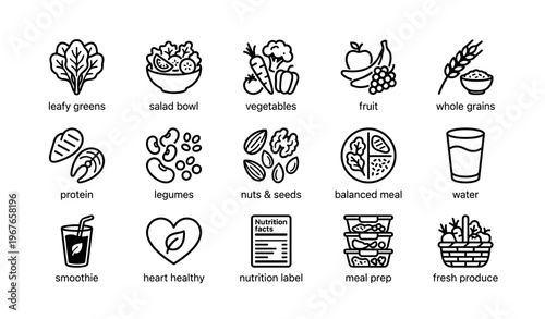 Healthy eating icons featuring vegetables, fruits, grains, and balanced meal elements