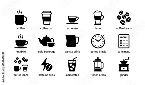 Coffee icon set: espresso, latte, french press, iced coffee, coffee break essentials