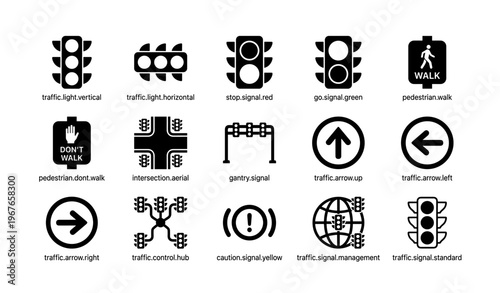 Traffic signal icons set featuring pedestrian and vehicle signals
