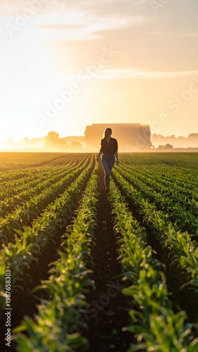 Farmer walking through a lush green field at sunrise, inspecting crops with a golden glow over the horizon.