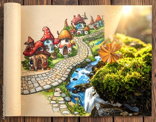 Fantasy Mushroom Village with Stone Path and River Emerging from a Book.