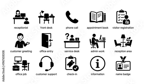 Office icon set illustrating front desk and customer support concepts
