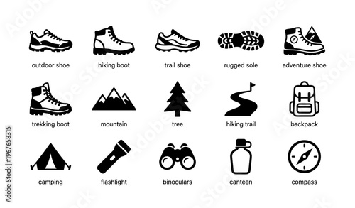 Outdoor adventure icons featuring hiking boots, mountain, tree, trail, and camping gear