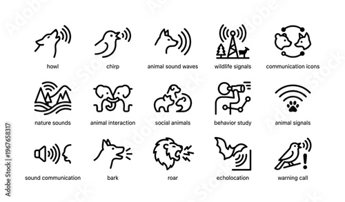 Animal sound communication icons set: howl, chirp, bark, roar, echolocation