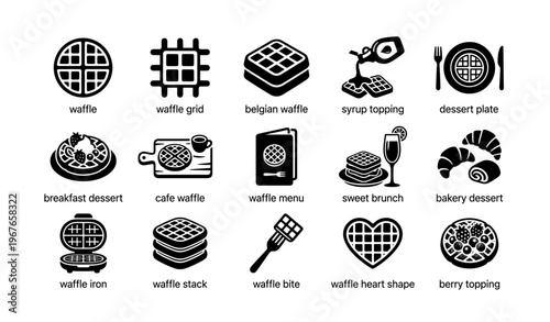 Belgian waffles and breakfast icons: grid, syrup, and dessert elements