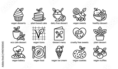 Vegan dessert icons featuring cupcakes, cookies, ice cream, and fruit desserts