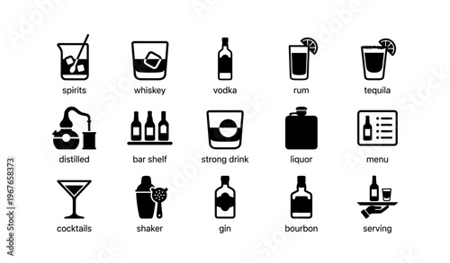 Assorted black and white alcoholic drink icons with whiskey, vodka, rum, and tequila